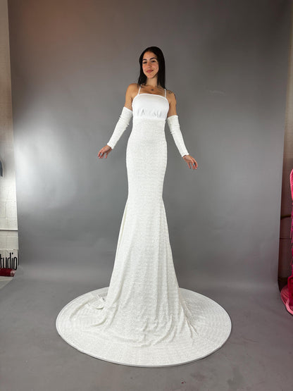 Long White Sequin Gown with Hem and Gloves Long White Sequin Gown with Hem and Gloves