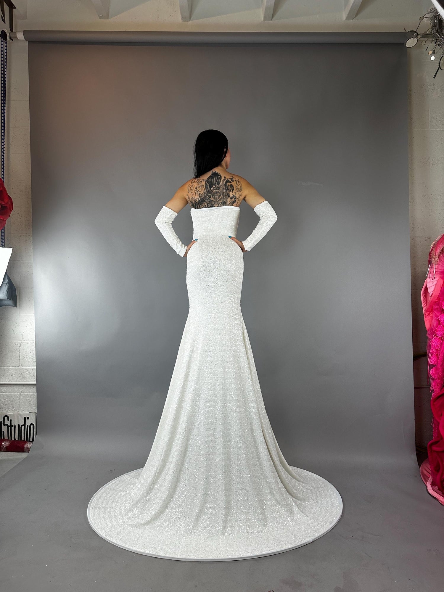 Long White Sequin Gown with Hem and Gloves Long White Sequin Gown with Hem and Gloves