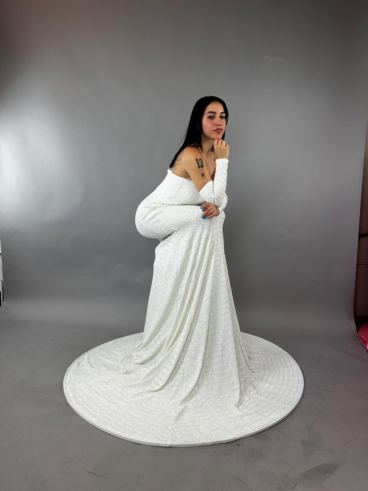 Long White Sequin Gown with Hem and Gloves Kikimora Fashion Store Long White Sequin Gown with Hem and Gloves Kikimora Fashion Store