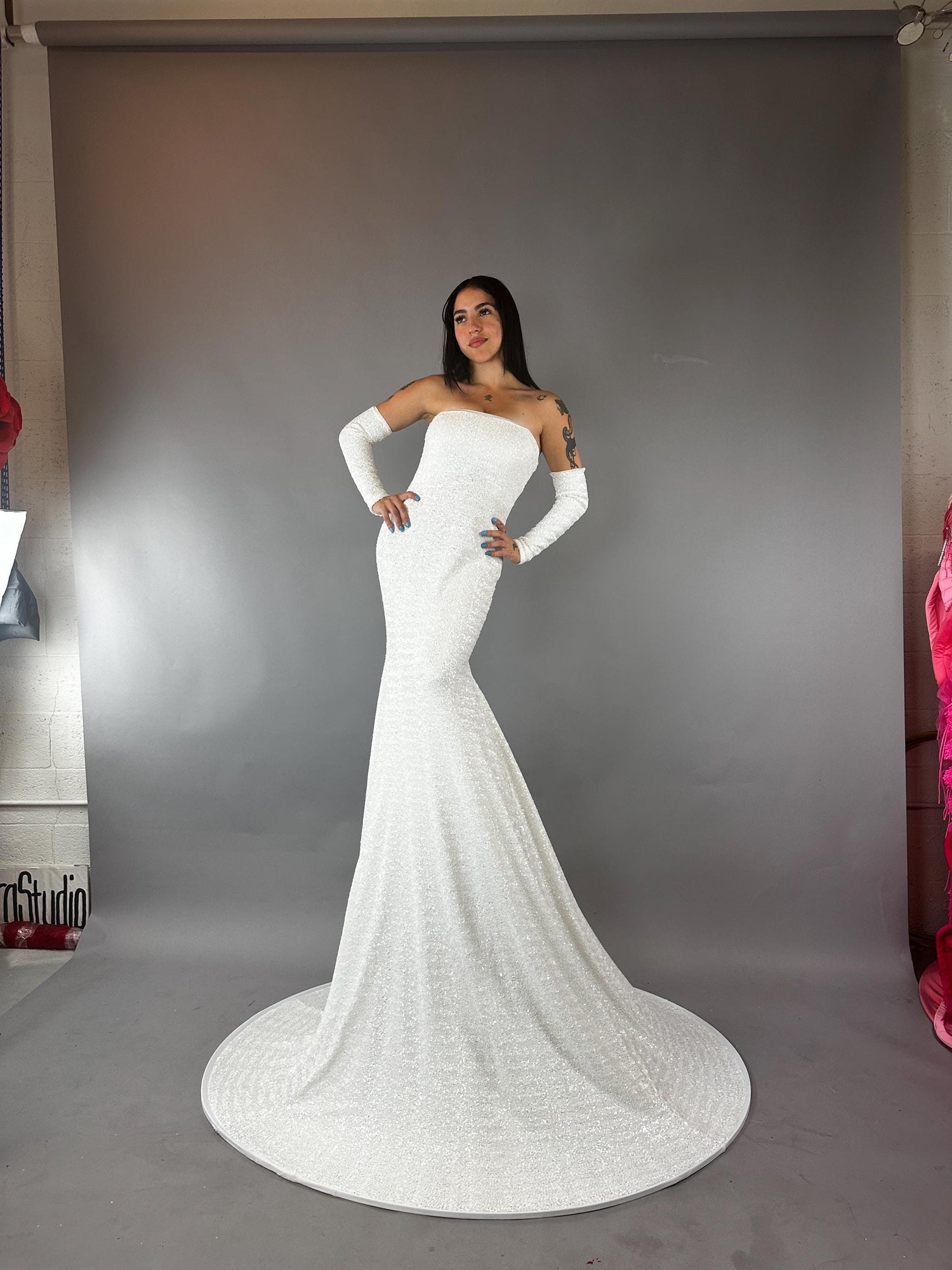 Long White Sequin Gown with Hem and Gloves Long White Sequin Gown with Hem and Gloves