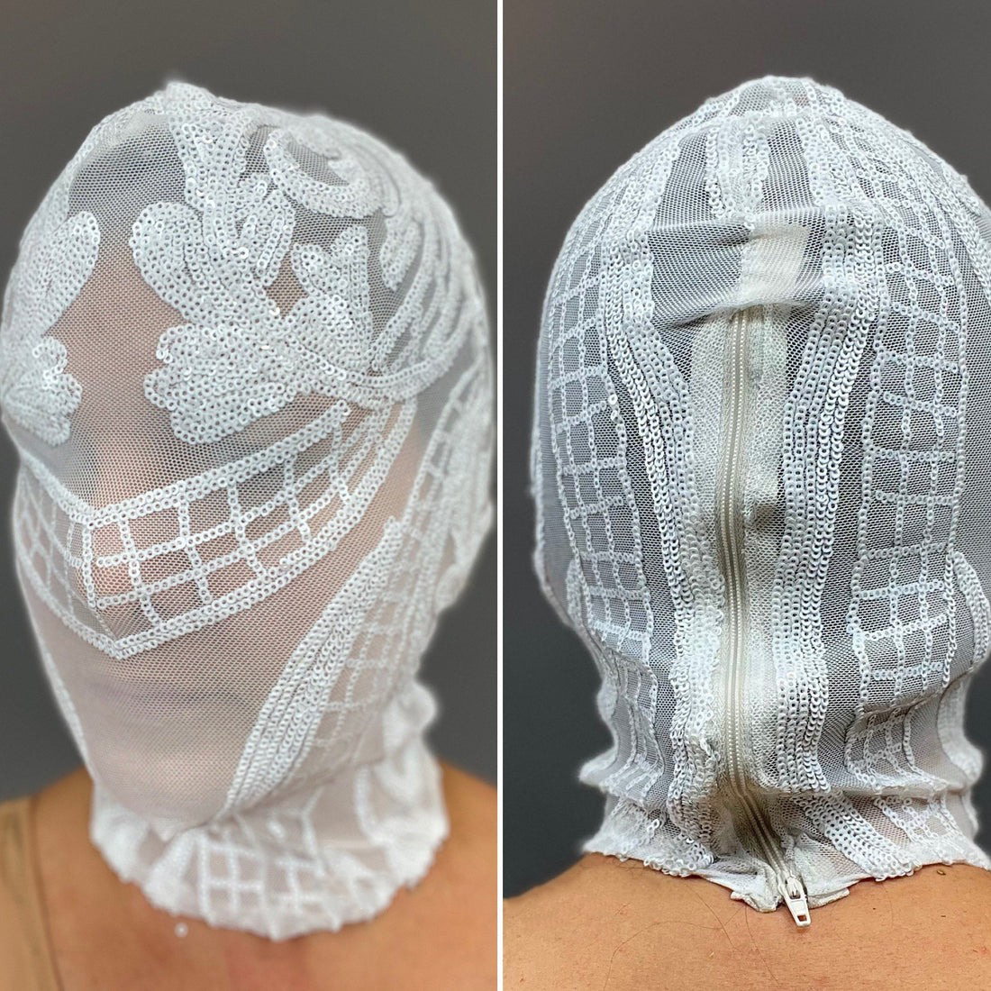 Front and back views of a person wearing a white lace face covering with zipper details. The headpiece, &quot;Beautiful Alternative Face Mask,&quot; features sequins mesh and embodies futuristic clothing style, ideal for stage performances.