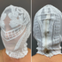 Front and back views of a person wearing a white lace face covering with zipper details. The headpiece, "Beautiful Alternative Face Mask," features sequins mesh and embodies futuristic clothing style, ideal for stage performances.