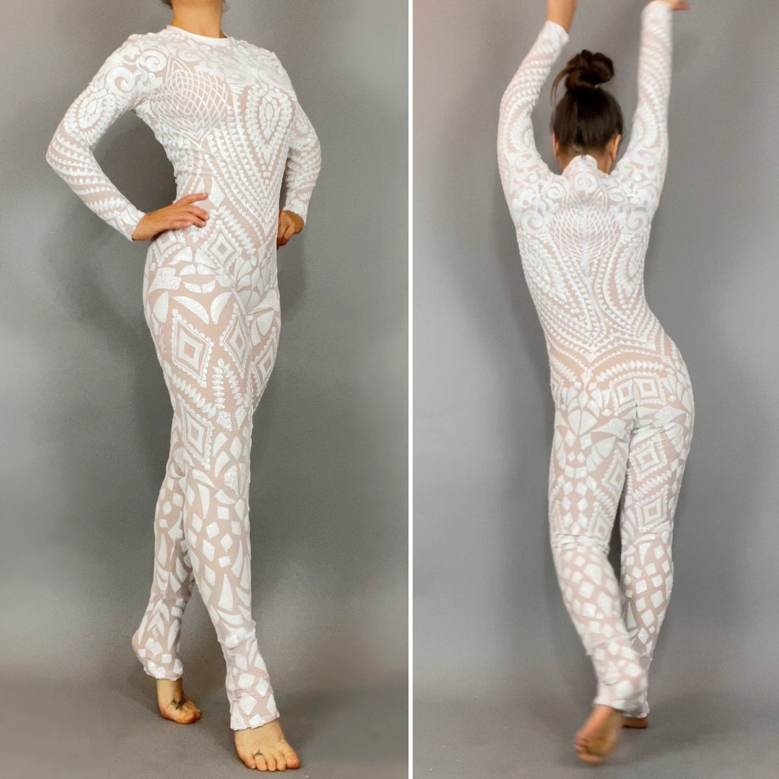 White Sequin Catsuit - Floral Pattern, Full Sleeves, Back Zipper, 4-Way Stretch (Custom Made for Bridal &amp; Performance)