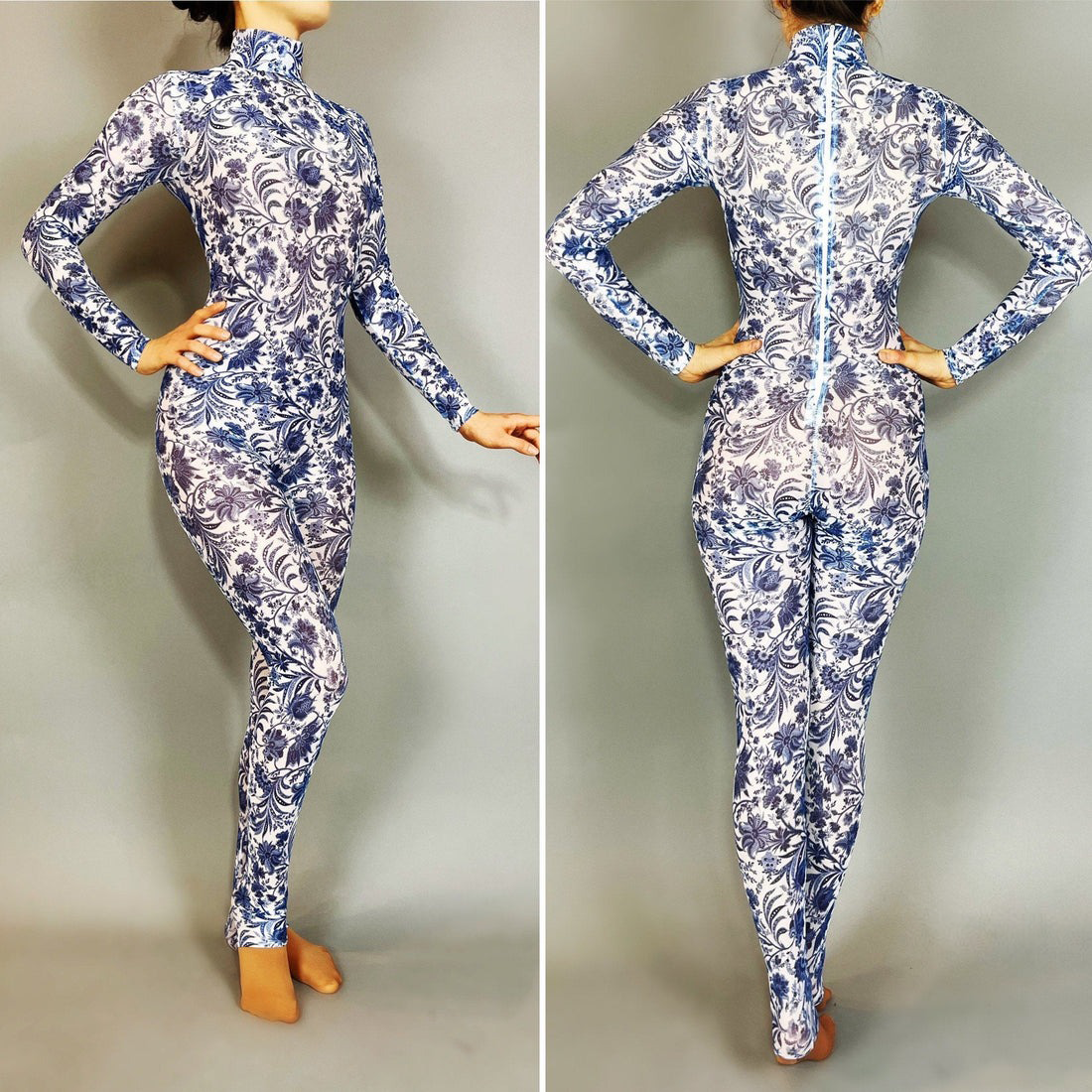 White and Blue Floral Catsuit, Porcelain Power Mesh Spandex Jumpsuit, Full Sleeves, Turtleneck