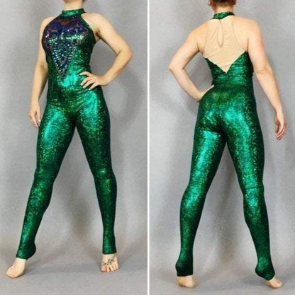 Shiny Green Catsuit, Mesh Jumpsuit, Backless, Halterneck, Sleeveless