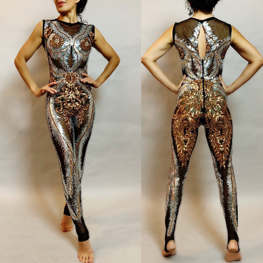 Model showcasing a stunning sleeveless Black, Gold, and Silver Sequin Catsuit with sheer fabric and intricate metallic patterns, elegantly displayed from front and back.