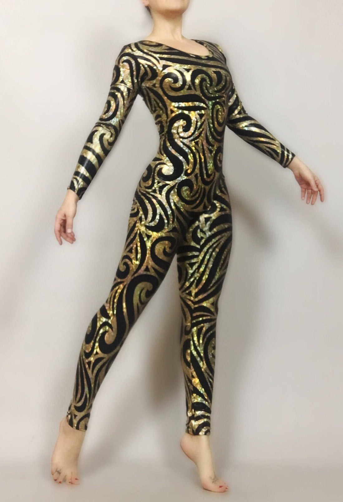 The Night Circus Black and Gold Catsuit, Full Sleeves Bodysuit, Scoop Neck