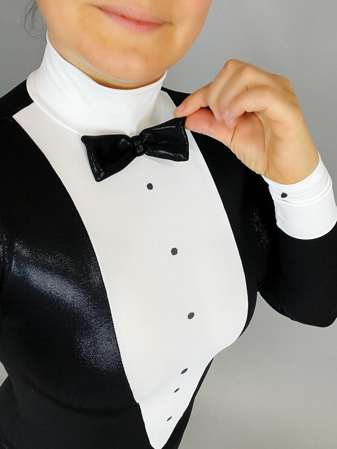 Unisex Black and White Tuxedo Catsuit, Full Sleeves Stagewear, Turtleneck, Bow