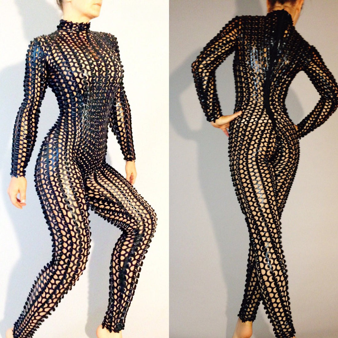 Black Perforated Catsuit, Full Sleeves Unitard, Long Back Zipper, Glossy Metallic Jumpsuit