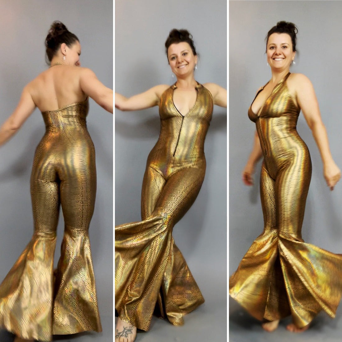 Golden Sleeveless Bell Bottom Jumpsuit, Disco Jumpsuit, Beautiful Snake Skin Dance Costume, Bell Bottom Pants