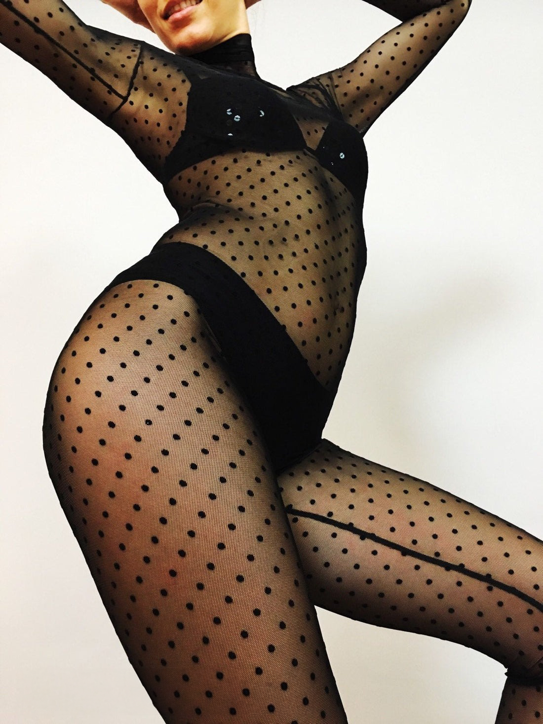 Catsuit Black Mesh Polkadots