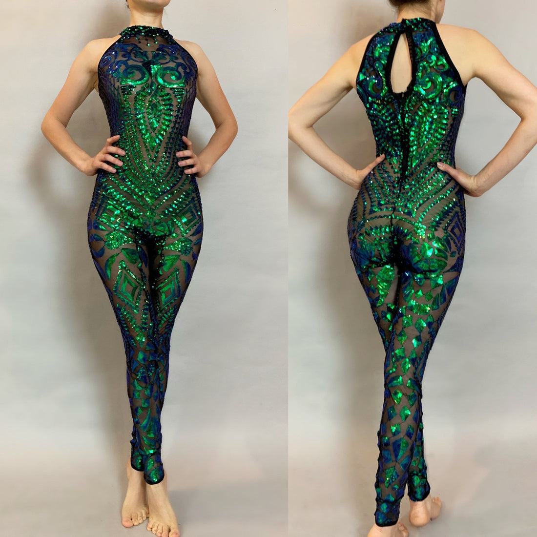 Deep Forest, Glamour Catsuit, Sequins Jumpsuit, Stage Costume, Gymnastic and Party Outfit