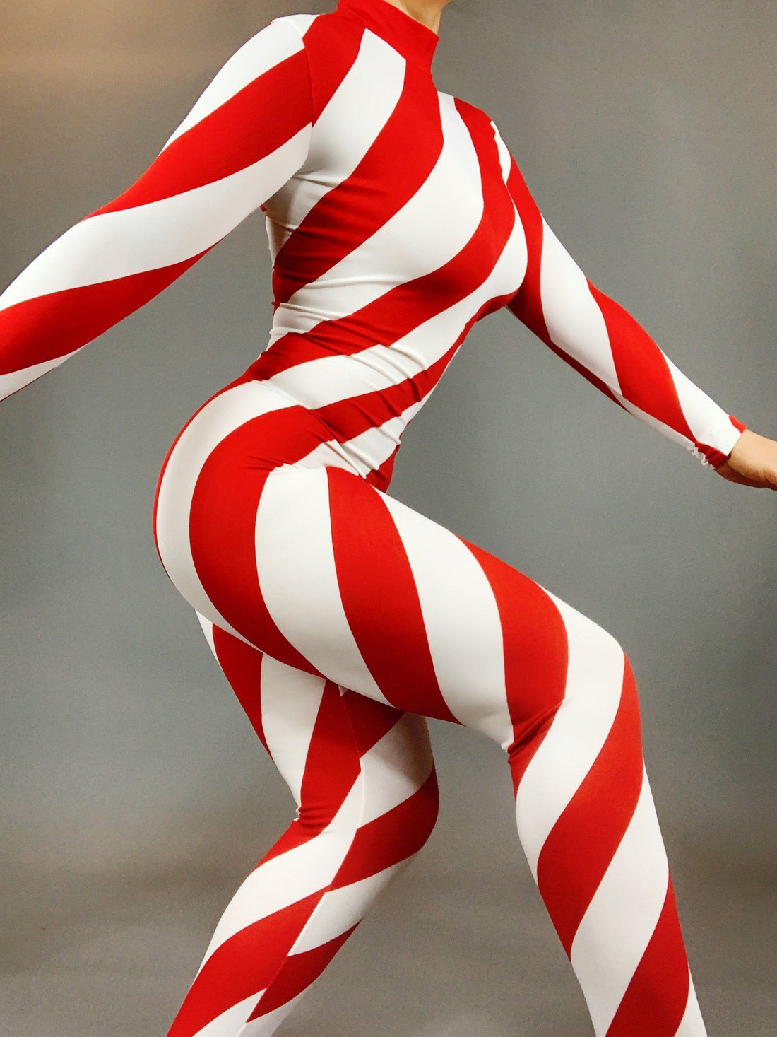 Red and White Stripes Catsuit, Full Sleeves, Turtleneck