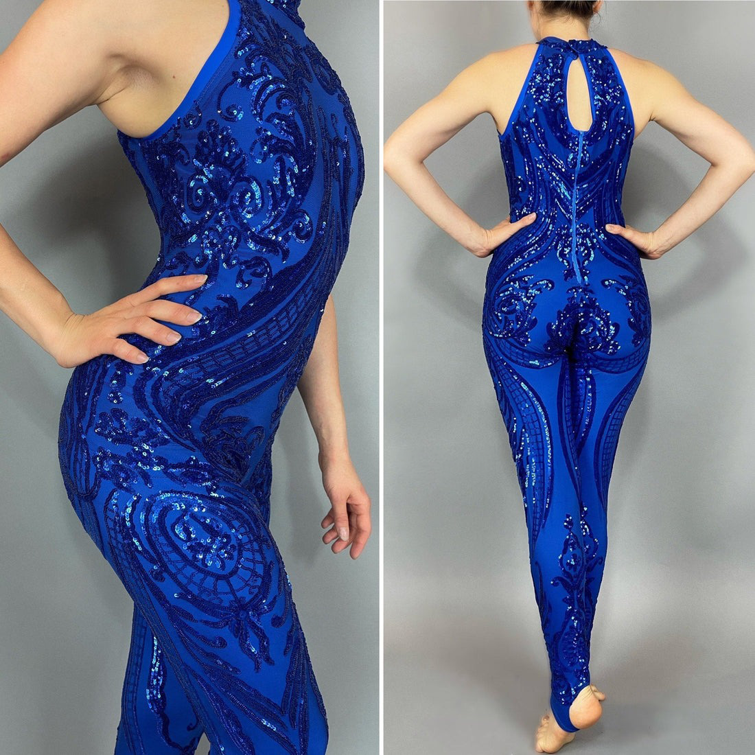 A person stylishly wears the Blue Sequin Catsuit, Halterneck, Sleeveless, its form-fitting design highlighting every curve. Intricate black shimmering sequins move across the fabric, captured from side and back angles, showcasing a masterpiece of performance wear.