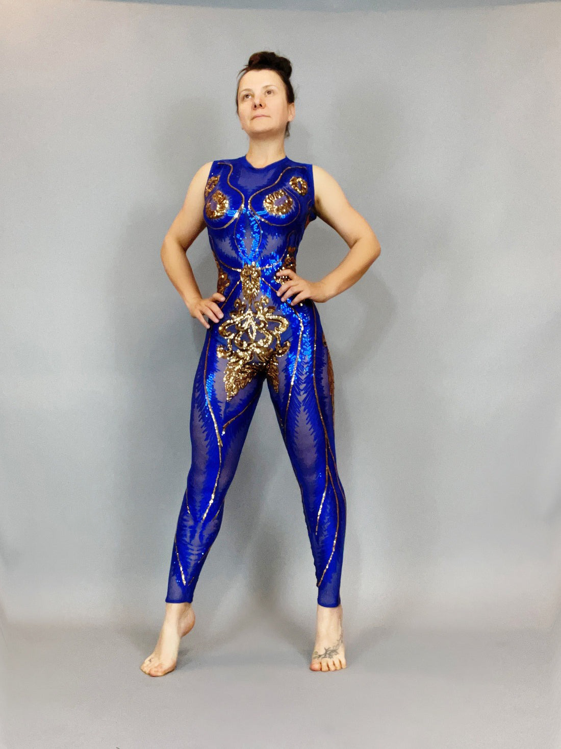 Bright Blue Shiny Sequin Catsuit, Sleeveless, Teardrop Back, Floral Jumpsuit