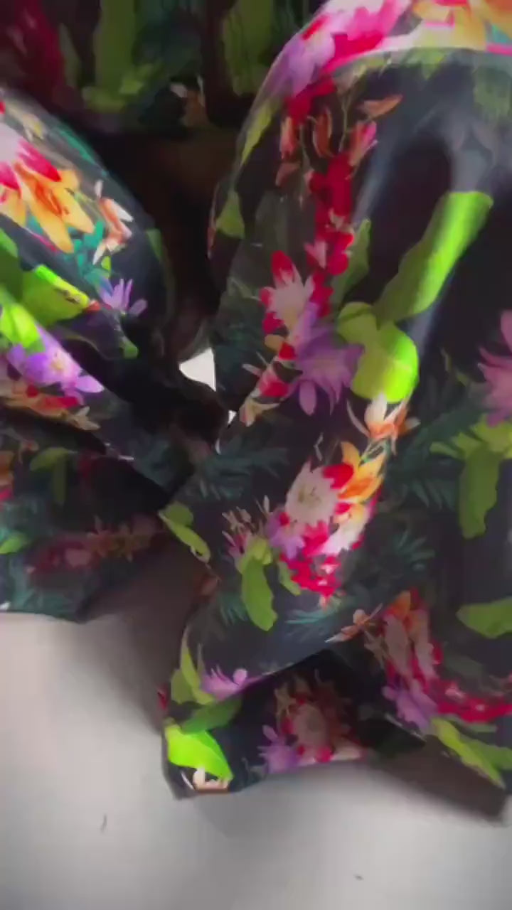 Tropical Floral Bell-Bottom Catsuit, Keyhole Front, Open Back