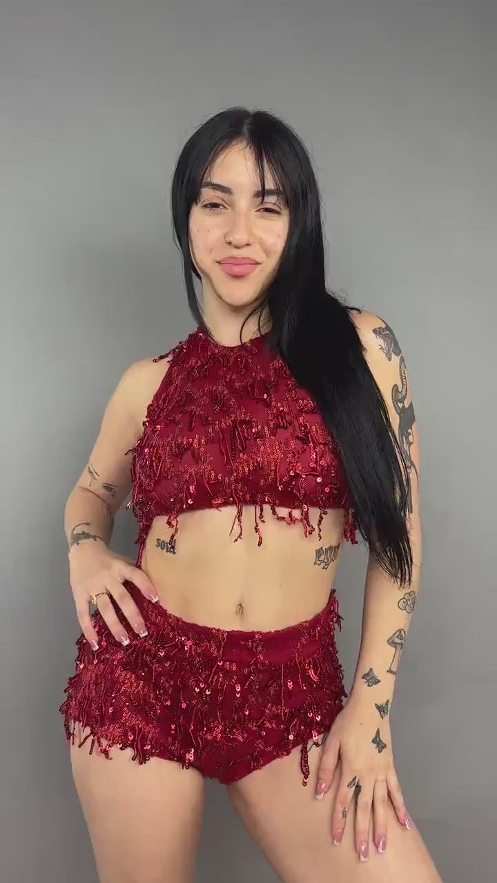 Red Sequin Fringe Dance Costume, Textured Spandex Set, Scoop Neck Crop Top and High Waist Shorts, Pole Dance Outfit, Rave Wear
