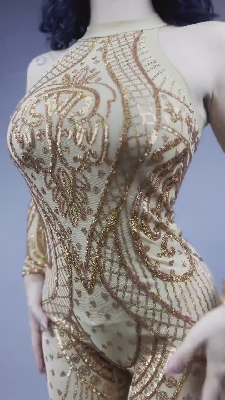 Gold Sequin Bodysuit, Sheer Catsuit, Contortionist Costume, Wedding Jumpsuit, Sleeveless Unitard, Custom Dance Wear