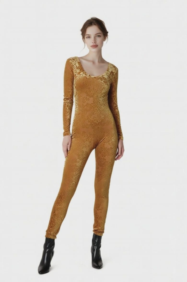 Beige Velvet Catsuit Bodysuit, Full Sleeves, Scoop Neck