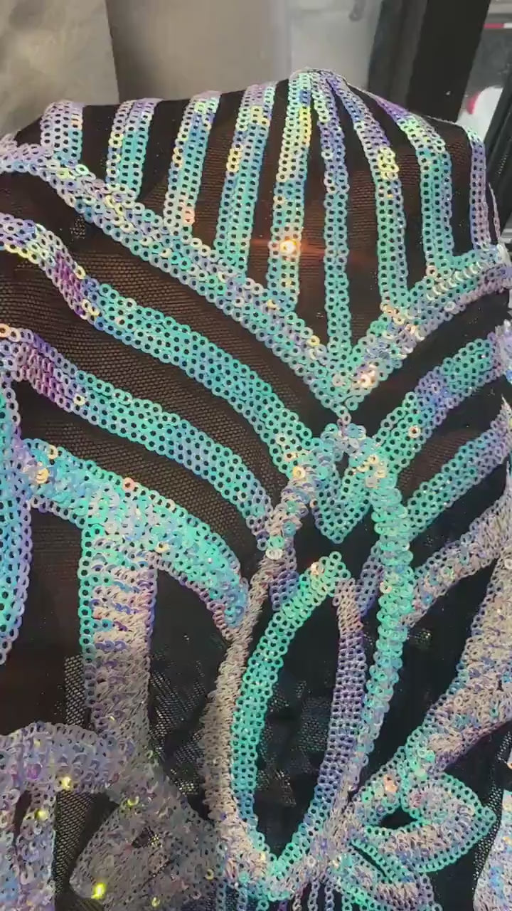 Unicorn Sequin Catsuit, Black Mesh Bodysuit, Iridescent Circus Costume, Sheer Spandex Jumpsuit, Aerialist Outfit, Long Sleeve