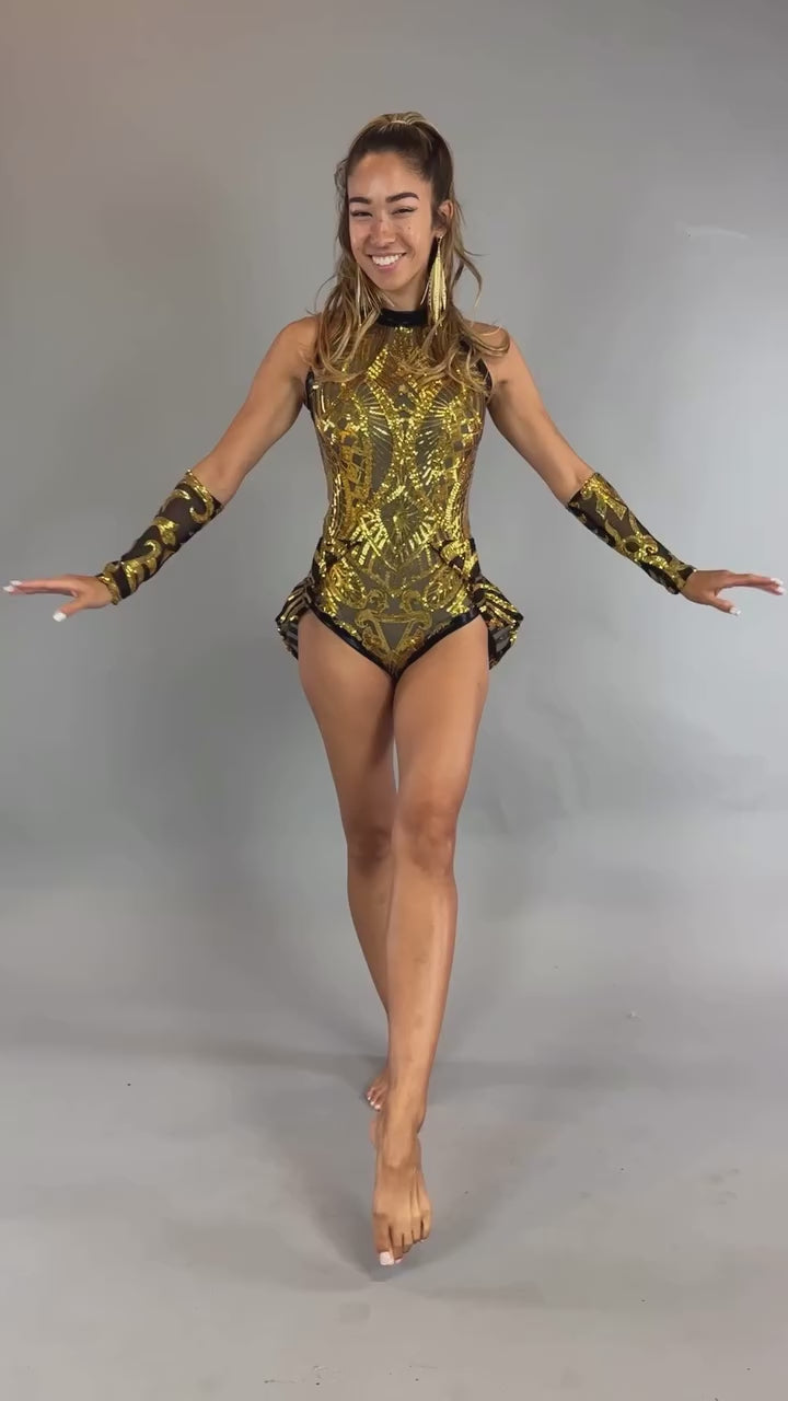Black and Gold Sequin Leotard, Halter Neck, Back Cutout