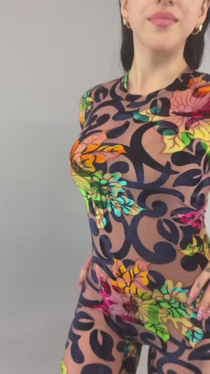 Multicolor Flower on Nude Catsuit, Scoop Neck, Long Sleeves