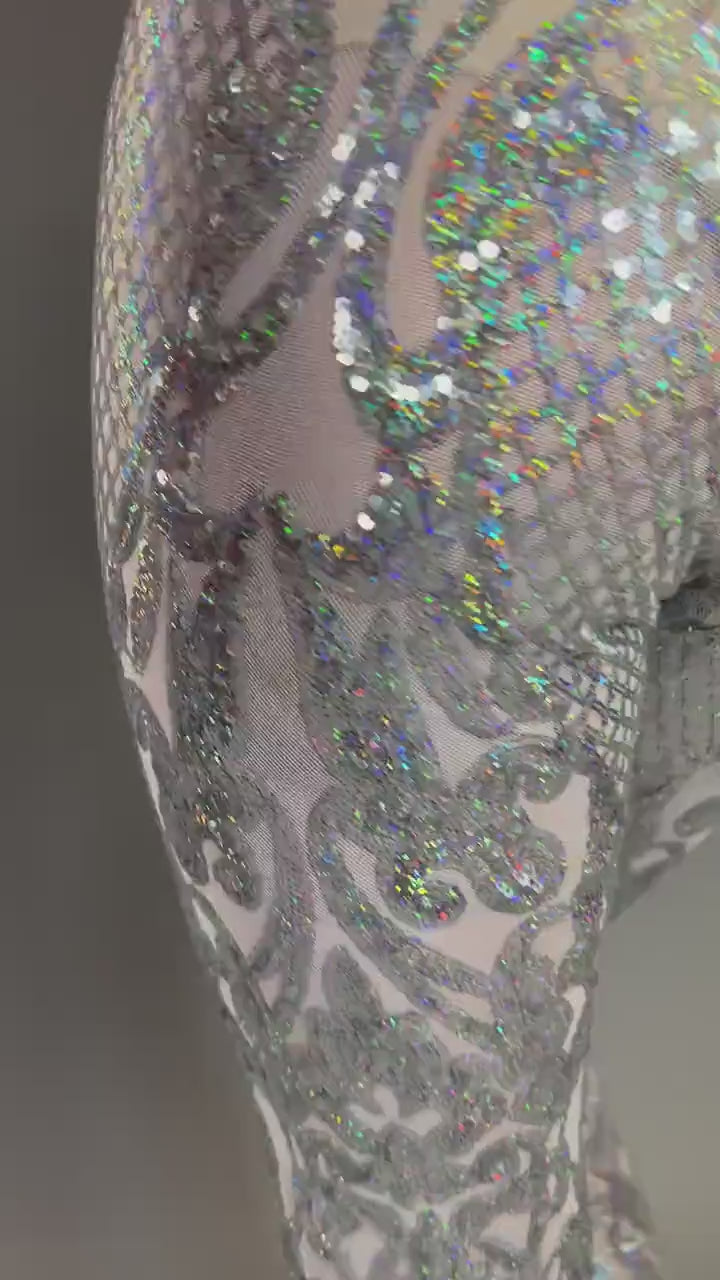 Silver Sequin Jumpsuit, Floral Mesh Bodysuit, Showgirl Costume, Sheer Performance Wear, Gymnastics Outfit, Long Sleeve