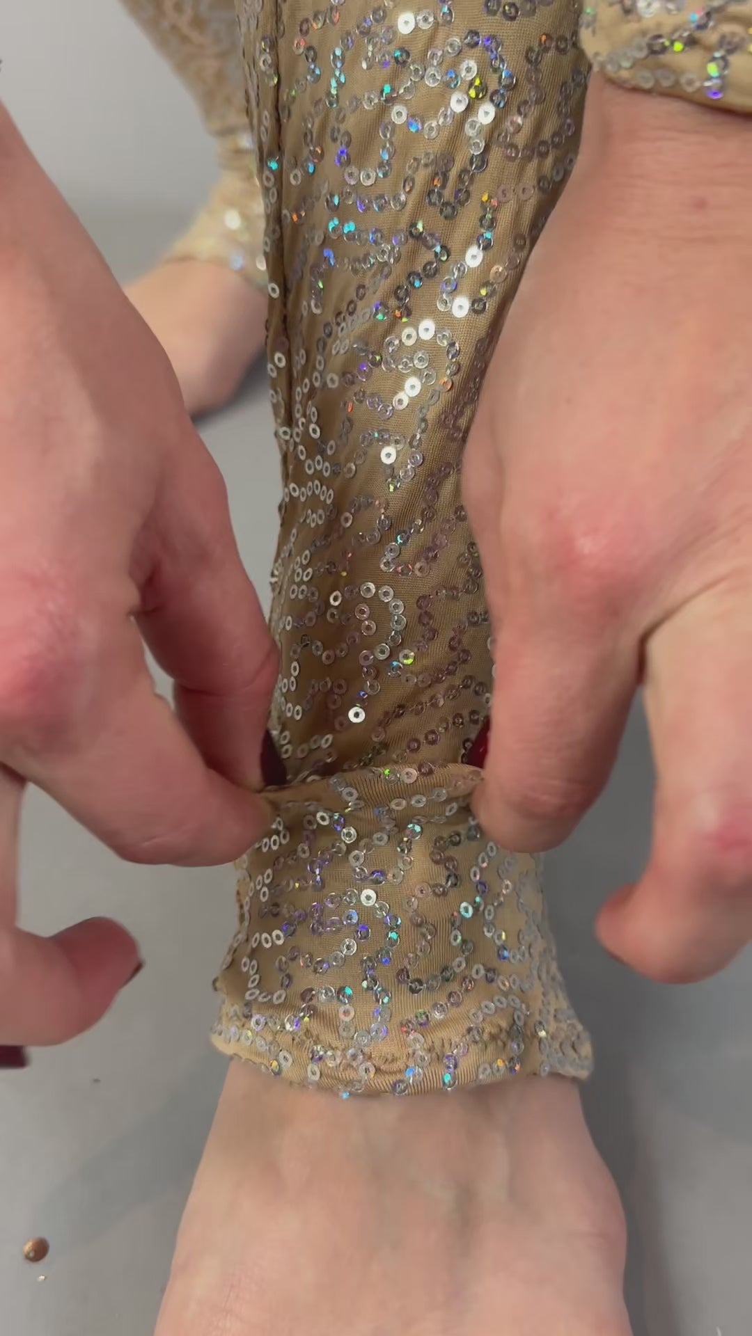 Champagne Sequin Catsuit, Fairy Costume, Open Back Spandex Jumpsuit, Iridescent Performance Wear, Turtleneck Long Sleeve Unitard