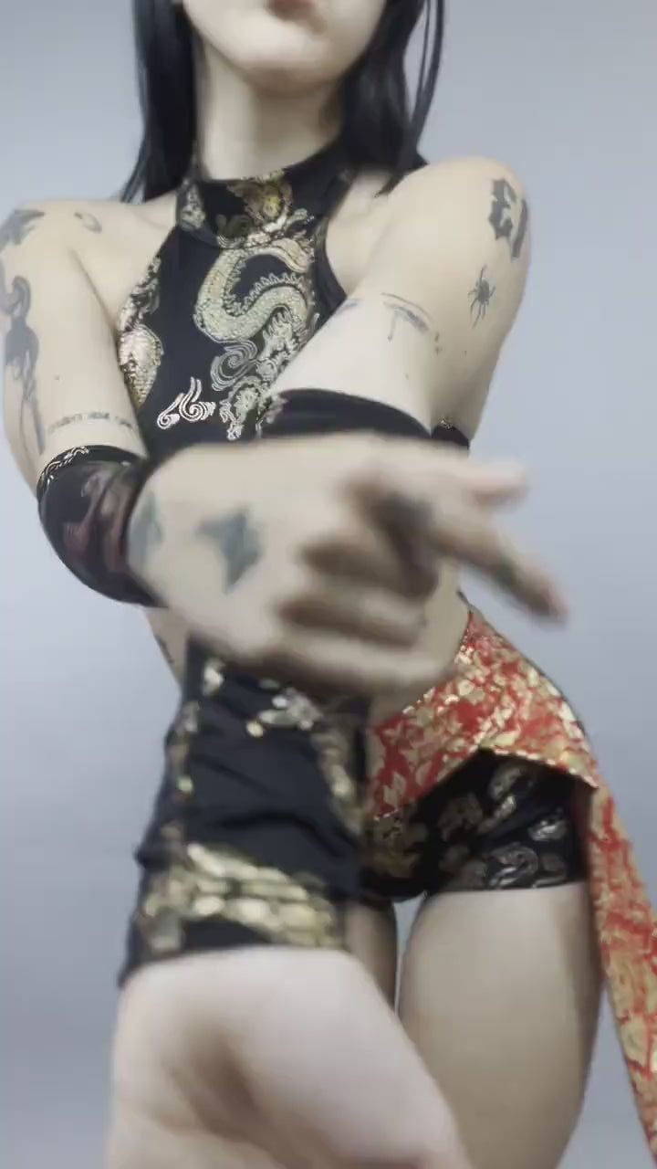 Chinese Dragon Print Set, Black and Gold Spandex Shorts, Halter Crop Top, 4 Way Stretch Fabric, Performance Wear with Arm Sleeves