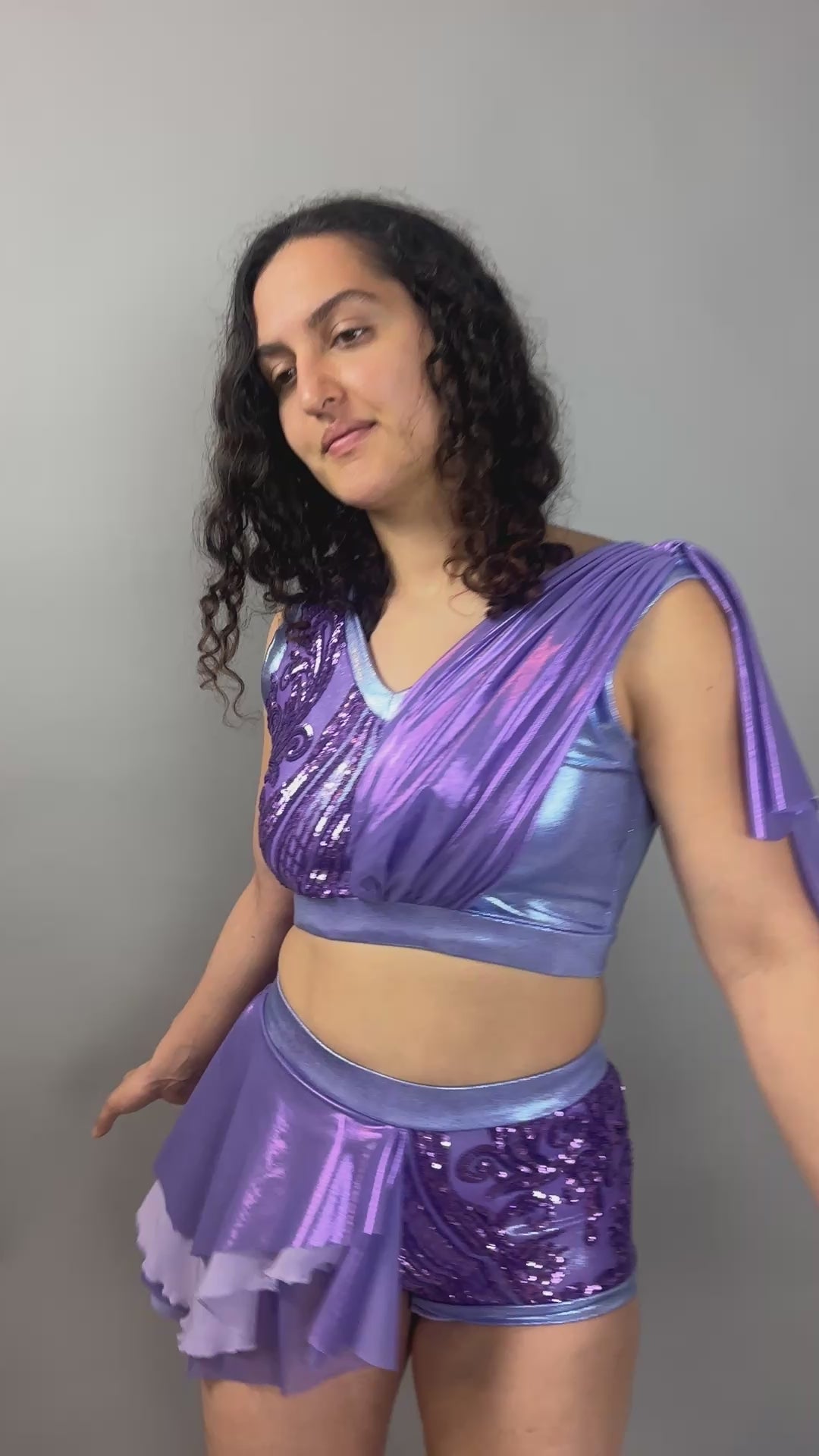 Lavender purple Sequin Dance Costume, Fire Dancer Outfit, High Waist Shorts with Half Skirt, Crop Top ,4 Way Stretch Mesh