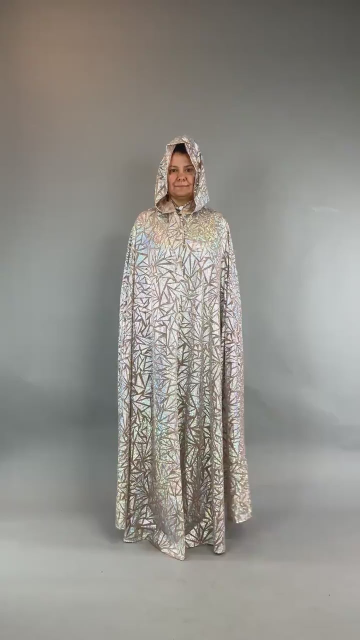 Shiny Hooded Cape, Iridescent Geometric Print Costume, Super Hero Cloak, Festival Fashion Accessory, Lightweight Floor Length Cape