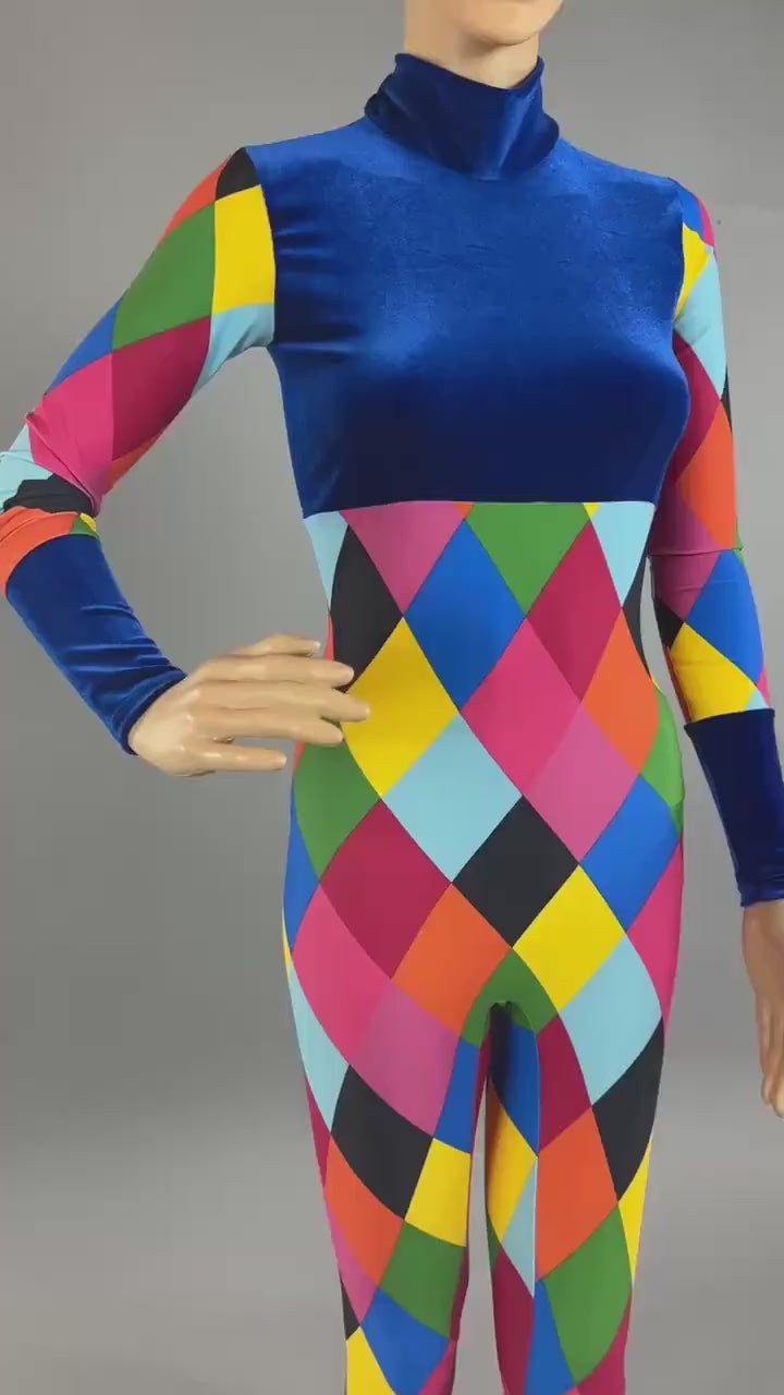 Harlequin costume, new trend, spandex catsuit , bodysuit for woman or man. Exotic dance wear, gymnastic uniforms