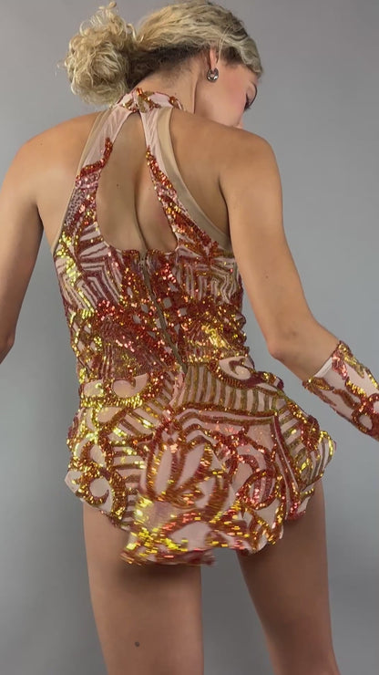 Fire color sparkling Halter Leotard, Sequin Accents, Detachable Sleeves
