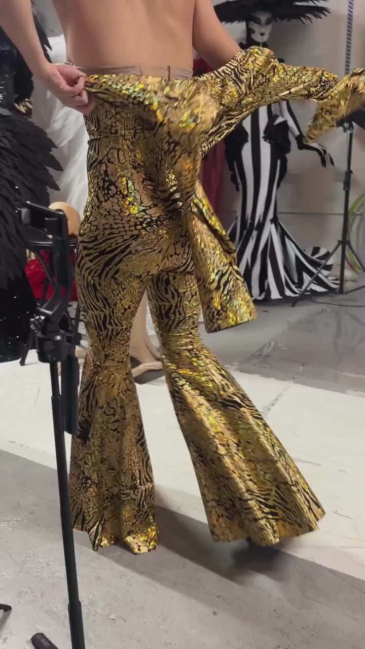 Gold Metallic Jumpsuit, Animal Print Catsuit, Bell Bottom Bodysuit, Flared Sleeve Unitard, 70s Disco Outfit, Retro Party Wear