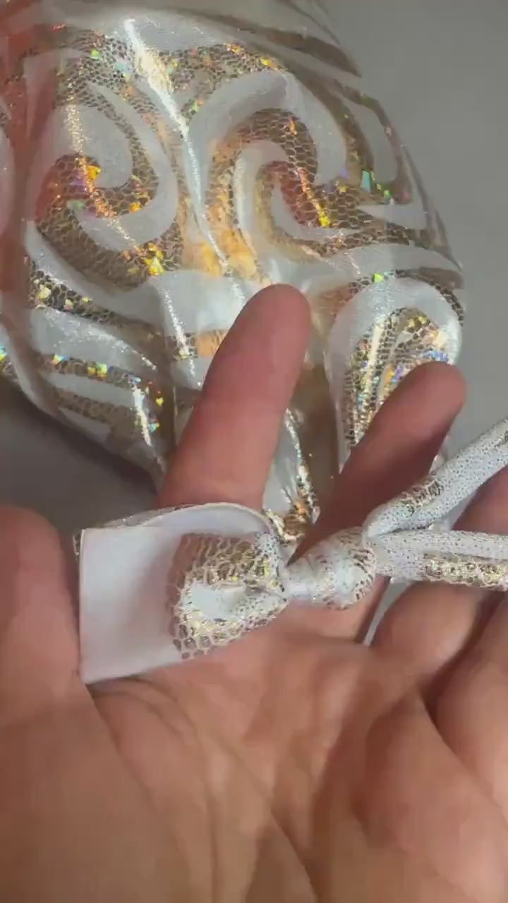 Hologram Drawstring Bag, Silver and Gold Swirl Pouch, Eco Friendly Recycled Spandex Fabric, Reusable Gift Bag, 12x15 Inch