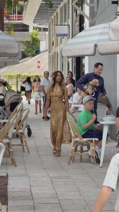 Gold Sequin on Black Sheer Dress, Thigh-High Slits, Turtleneck