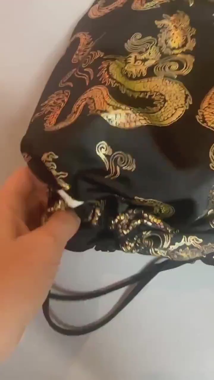 Drawstring Bag, Black and Gold Dragon Print, Eco Friendly Fabric Pouch, Reusable Gift Bag, Repurposed Satin Fabric, 12x15 Inch