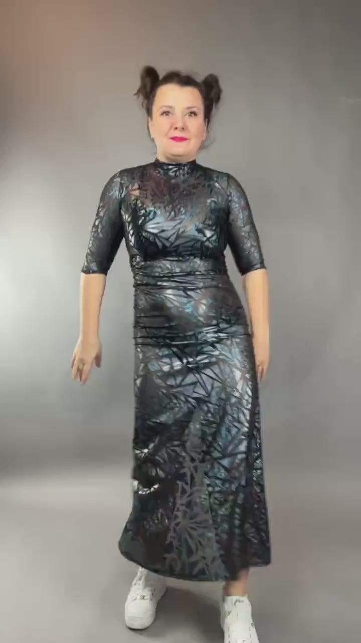 Sheer Mesh Maxi Dress, Holographic Geometric Print Gown, Black Spandex Party Dress, Long Sleeve Festival Outfit, See Through Club Wear