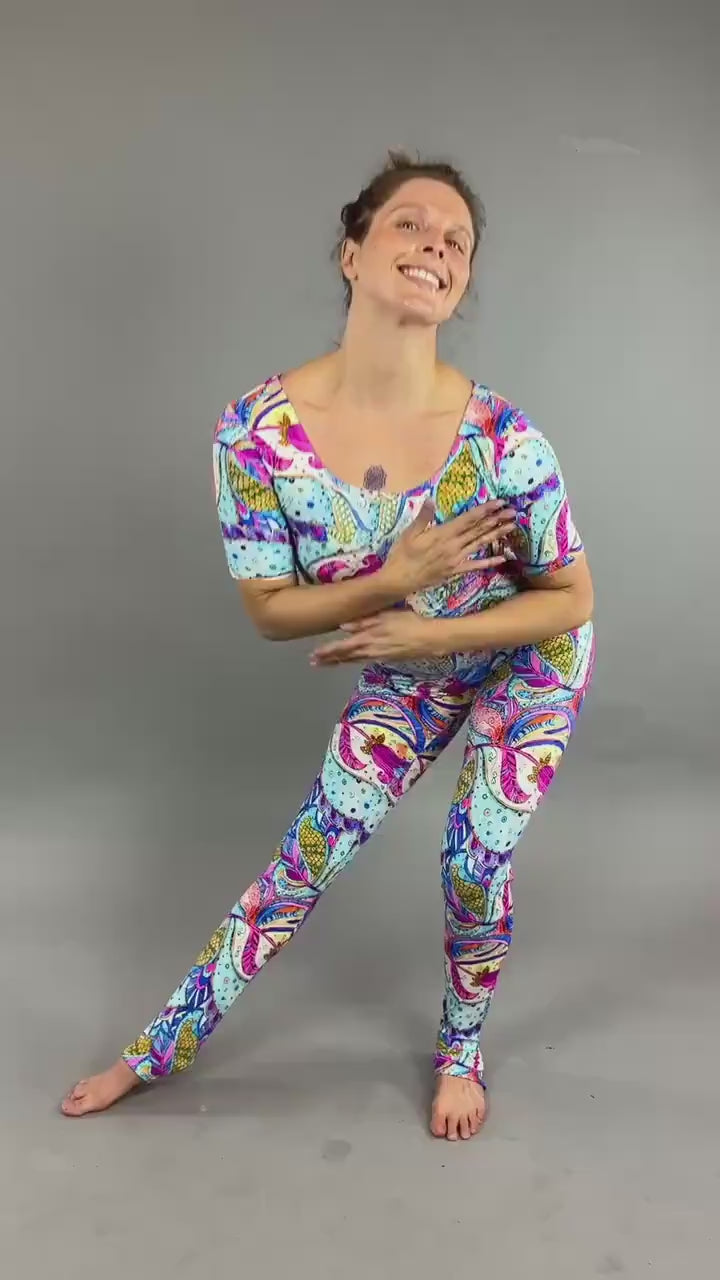 Fluorescent Flower Print Jumpsuit, Exotic Dance Wear, Gymnastic Unitard, Colorful Paisley Bodysuit, Aerialist Costume, Short Sleeve Catsuit