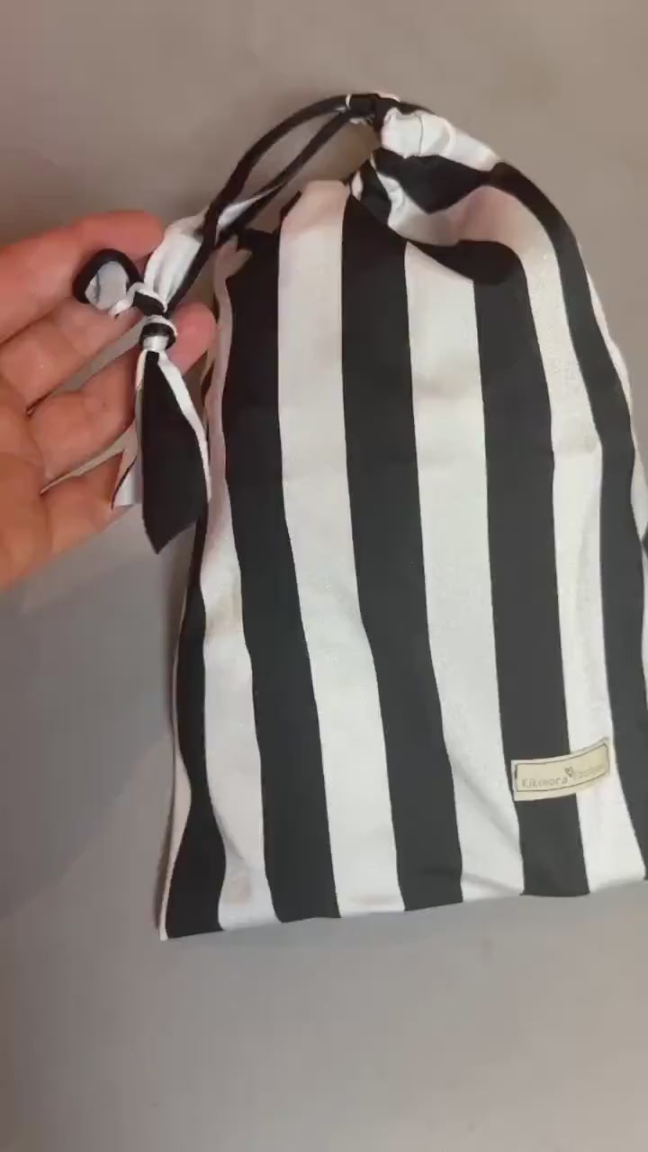 Striped Drawstring Bag, Black and White Pouch, Eco Friendly Recycled Spandex Fabric, Reusable Gift Bag, 12x15 Inch