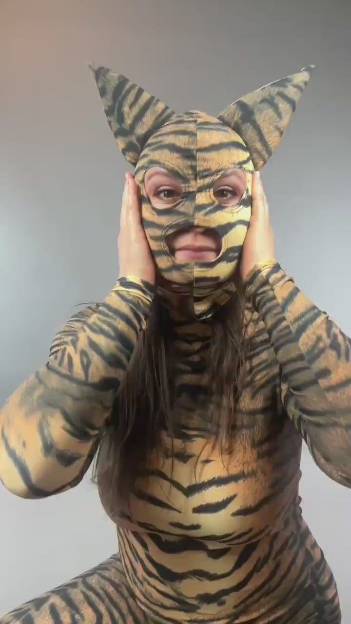Cat Woman Costume, Tiger Costume, Halloween Outfit, Festival Fashion, Exotic Dance Wear, Animal Print Bodysuit, Spandex Catsuit