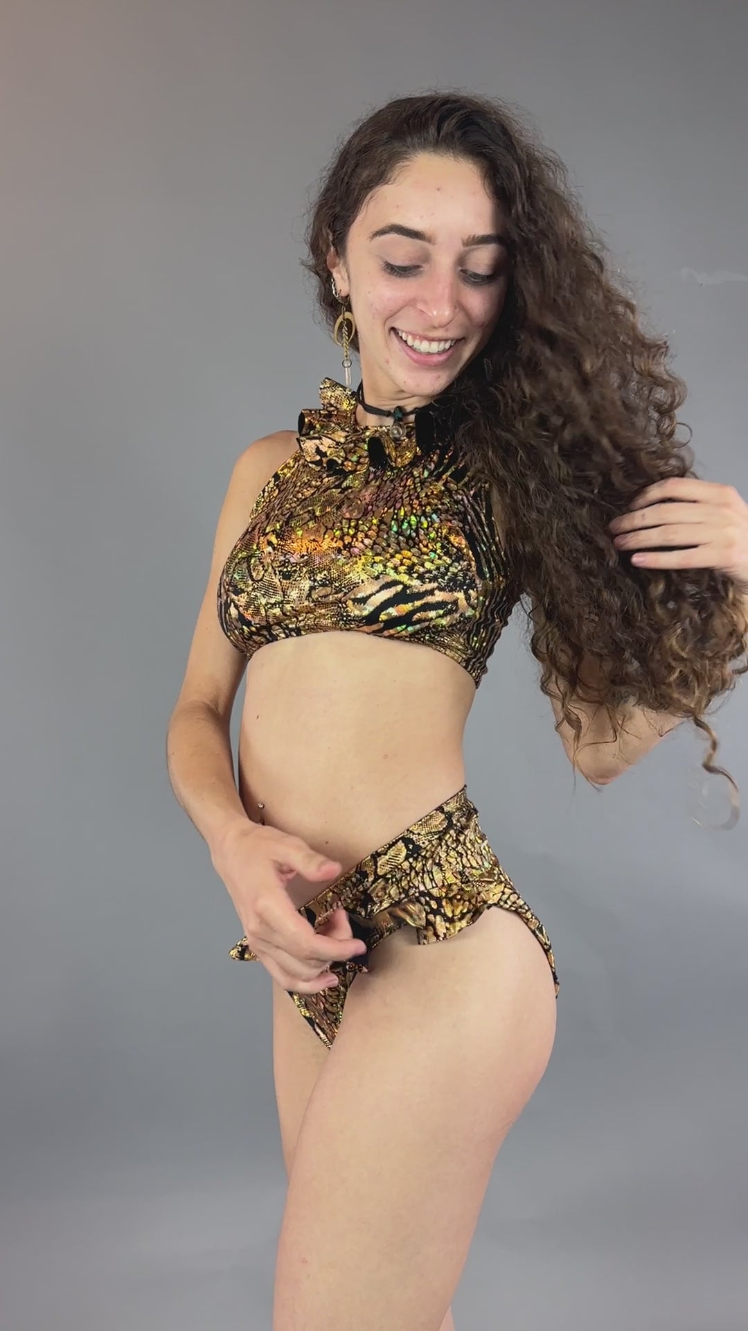Gold &amp; Black Snakeskin Crop Top &amp; Bottom Set, Open Back, Cheeky Bottoms