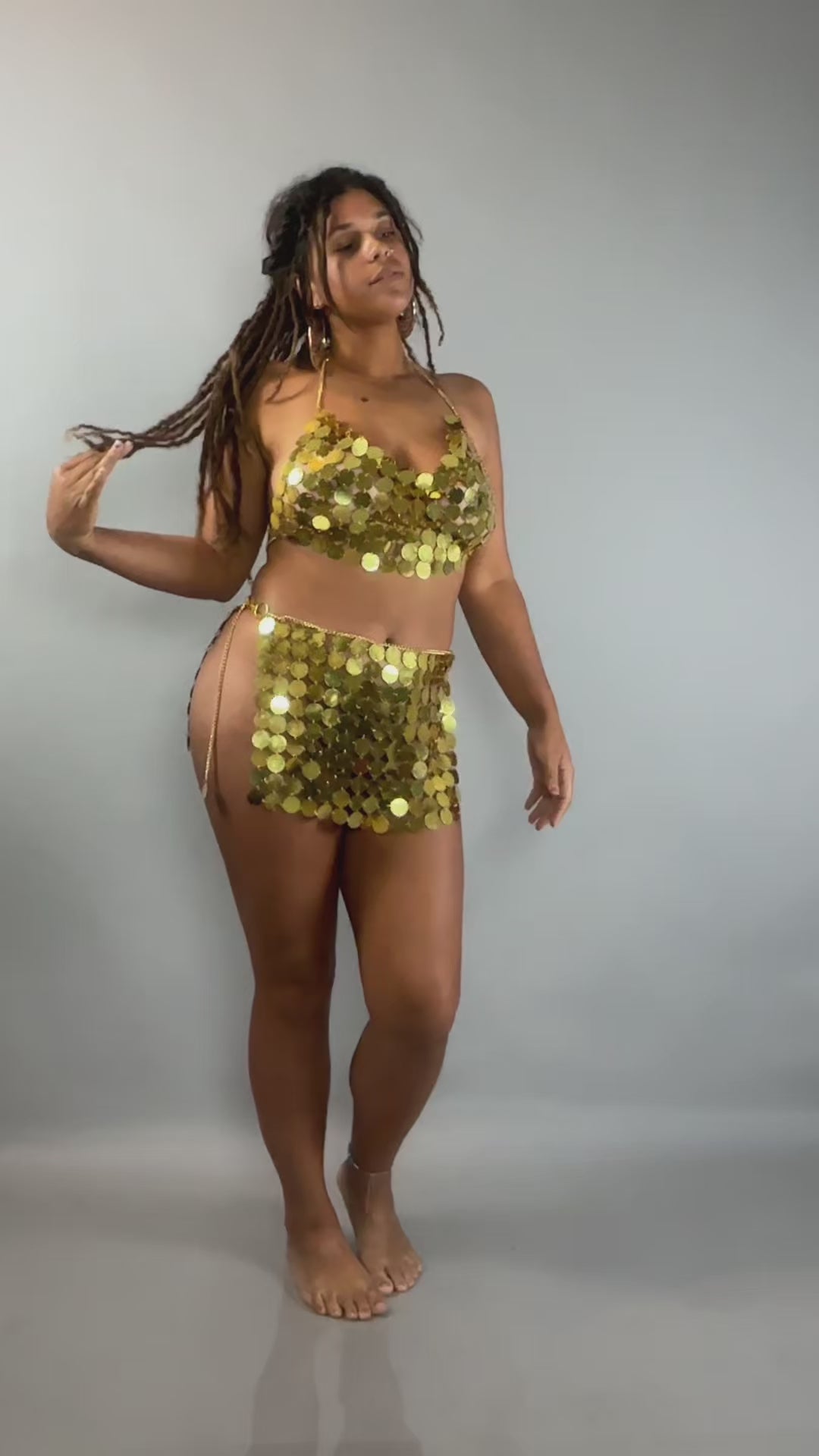 Gold Chain Two-Piece Set, Mirror Disc Crop Top and Skirt, Festival Rave Outfit, Showgirl Costume, Belly Dance Wear, Adjustable Bikini