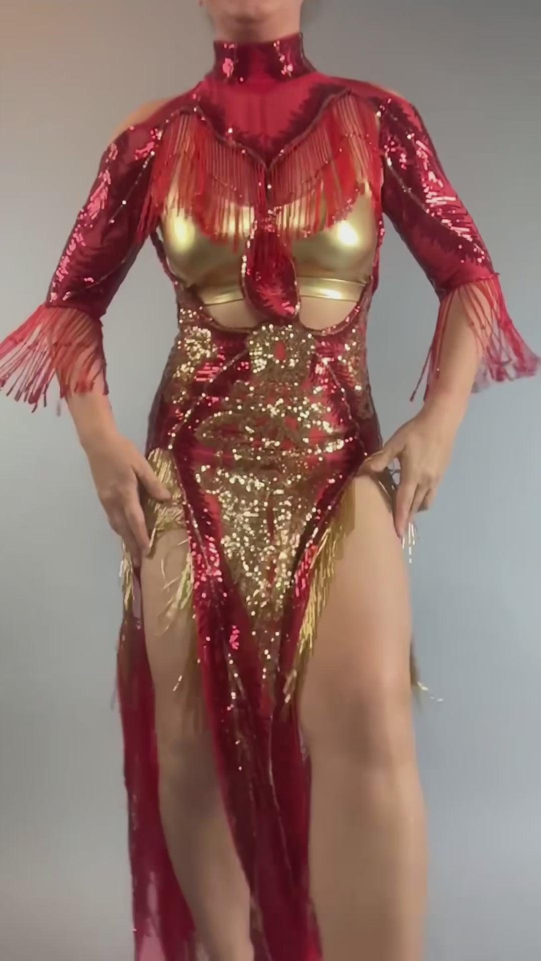 Red Sequin Sheer Dress, Gold Beaded Fringe Gown, Backless Maxi Dress with Slits, Sheer Mesh Party Outfit, Gold Spandex Bra