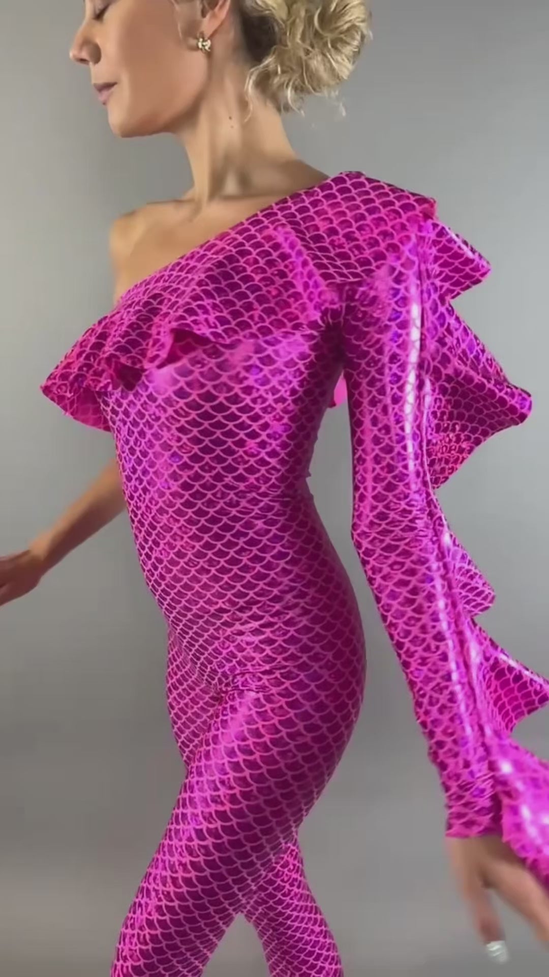 Pink Holographic Fish Scale Catsuit, Asymmetrical One Shoulder Ruffle Bodysuit