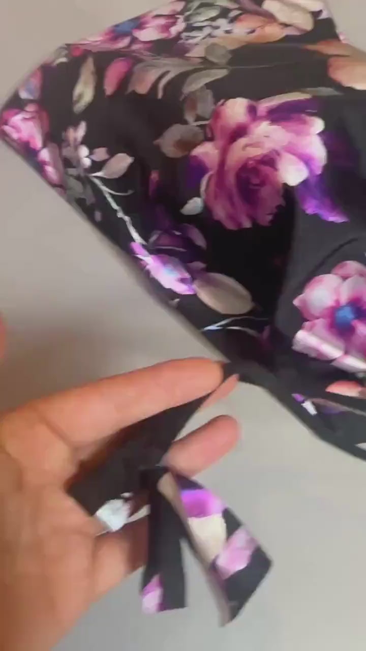 Floral Drawstring Bag, Recycled Spandex Pouch, Eco Friendly Fabric Gift Bag, Black with Purple Foil Flowers, 12x15 Inch
