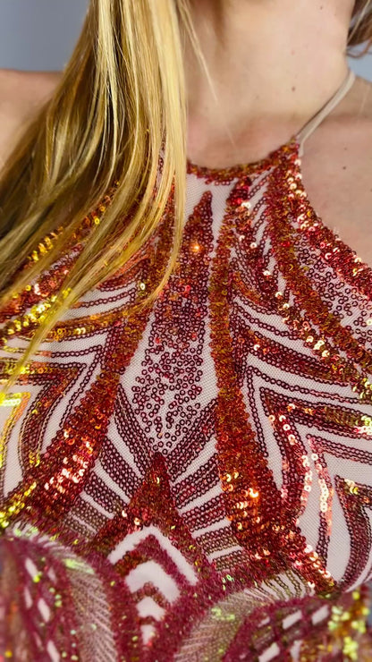 Sunset Sequin backless Top and Bottom Set, Sparkling Dance shorts.