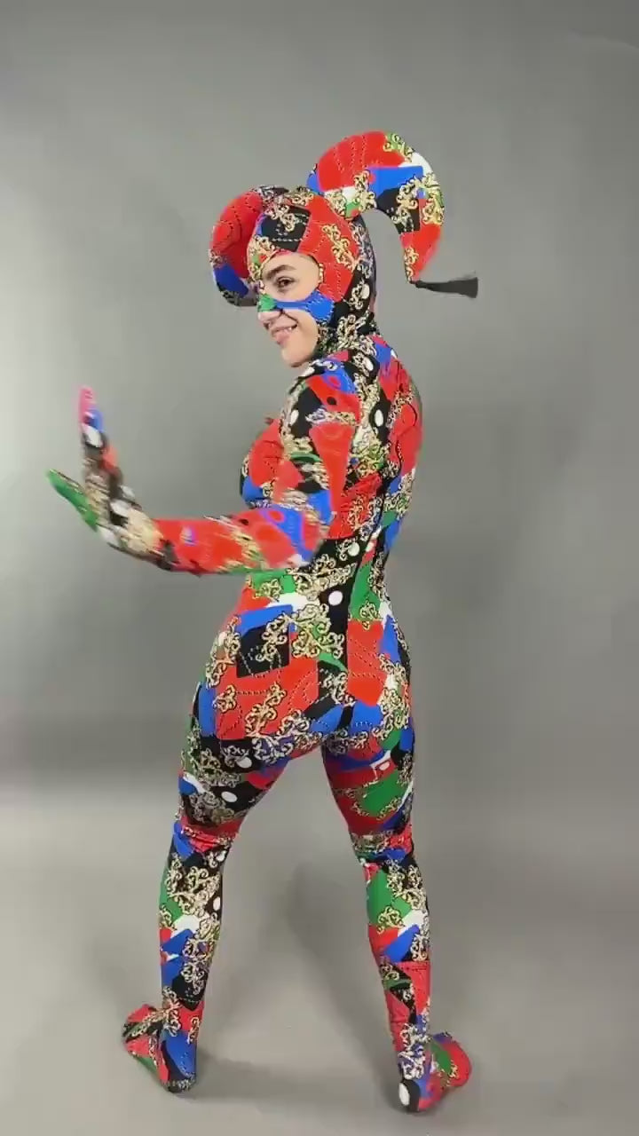 Joker costume, jester  bodysuit, Exotic dance wear, Festival fashion, party outfit, Circus print, trending now. Mardi Gras festival
