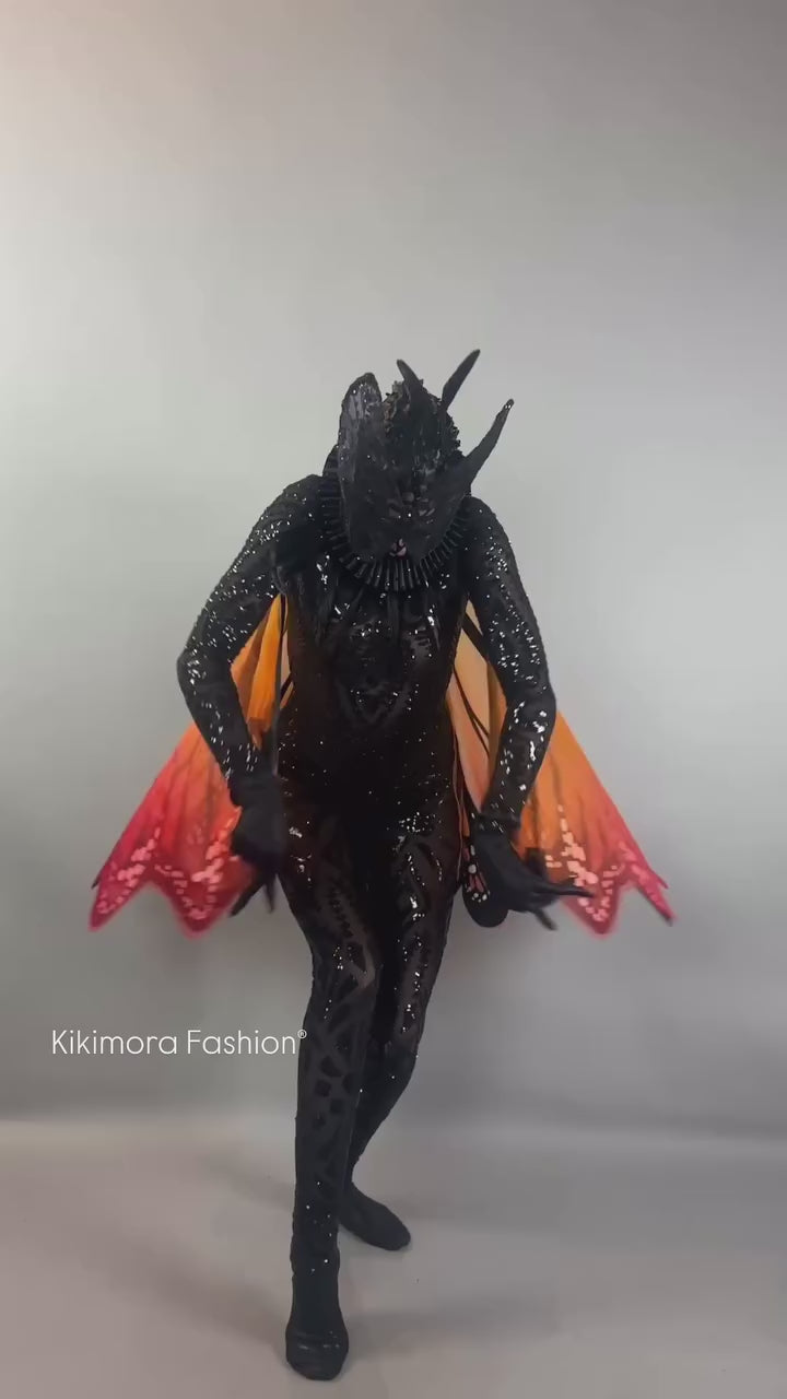 Black Sequin Monarch Butterfly Costume, Theatrical Winged Spandex Performance Catsuit