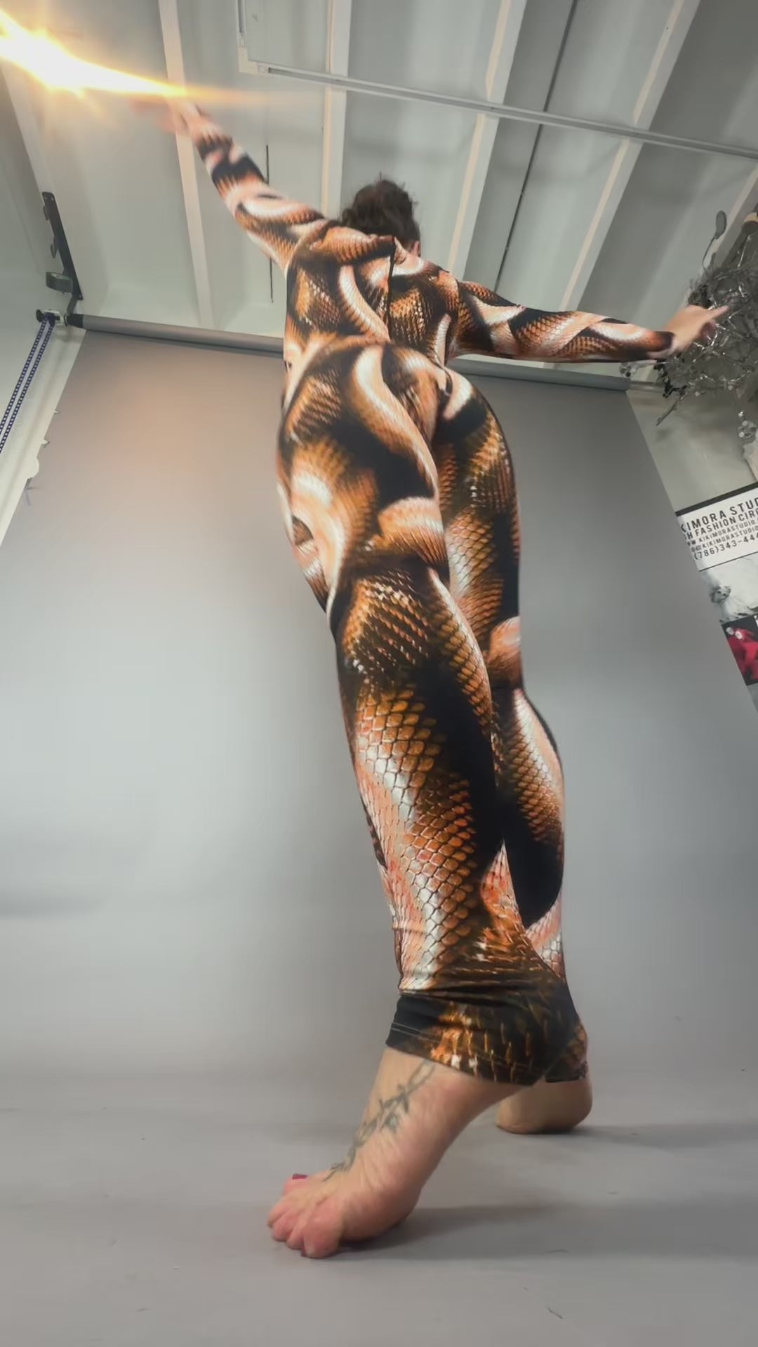 Brown Snake Print Jumpsuit, Turtleneck Catsuit, Long Sleeve Bodysuit, Spandex Unitard, Festival Outfit, Rave Costume